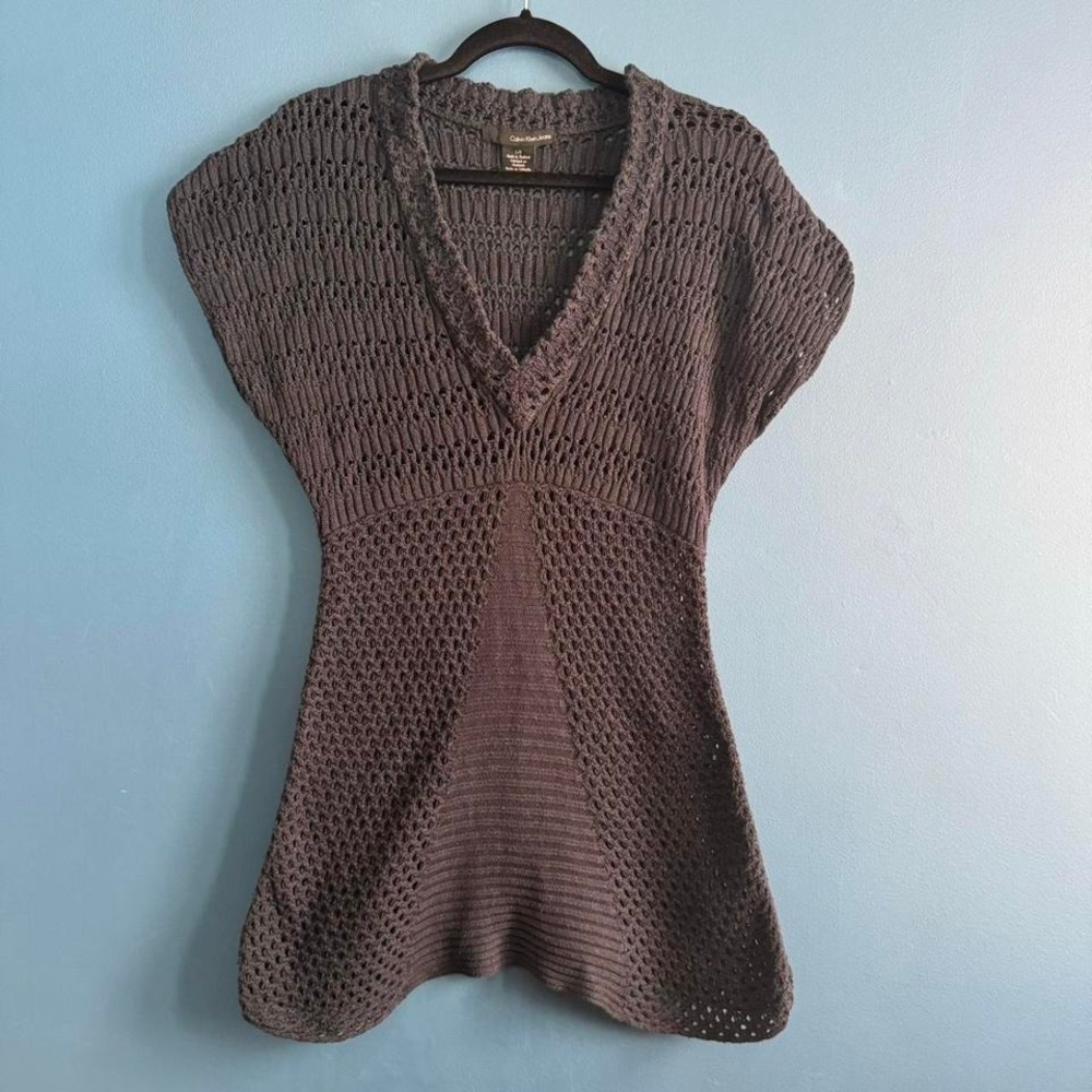 Y2K Calvin Klein Tunic Women's Size‎ Large Navy Blue Crochet Boho Cotton V Neck